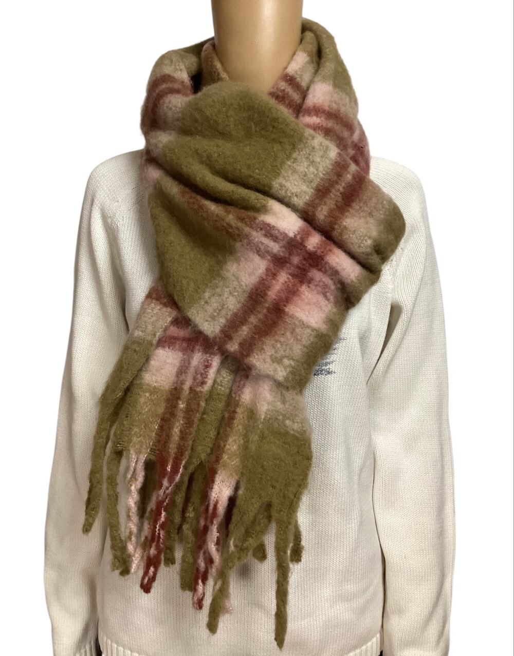 By Anthropologie Brushed Woven Scarf Plaid Edition Olive Green Oversized Fringe